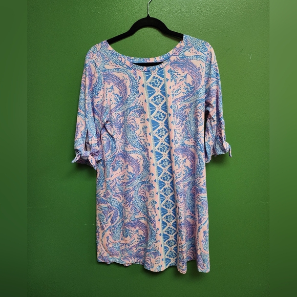 Lilly Pulitzer Dresses & Skirts - Lilly Pulitzer Pink & Blue Printed Shift Dress Size L Tie Sleeve